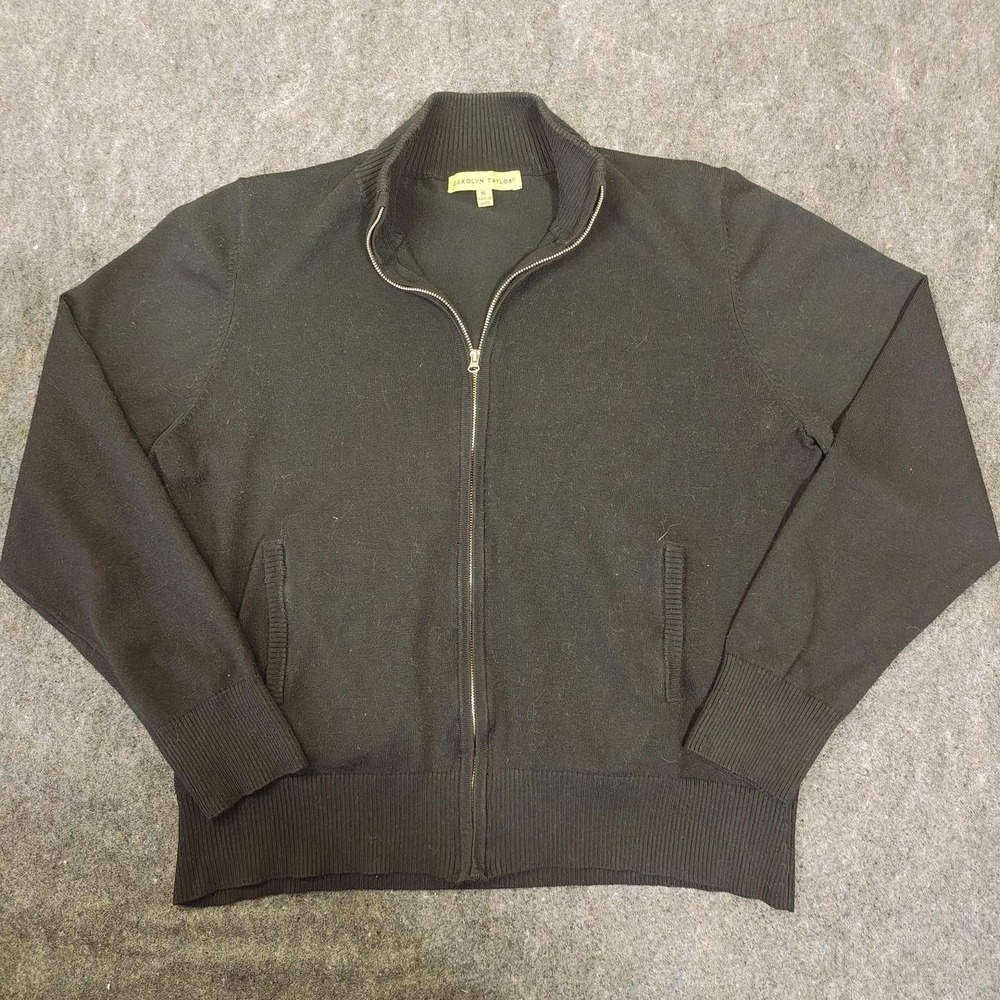 Carolyn Taylor Women Black Full Zip Mock Neck Sweater XL Knit Cardigan Pockets